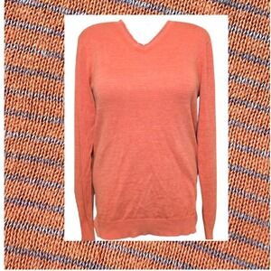 $75 RELWEN orange gray lightweight V Neck long sleeve micro stripe sweater S GUC